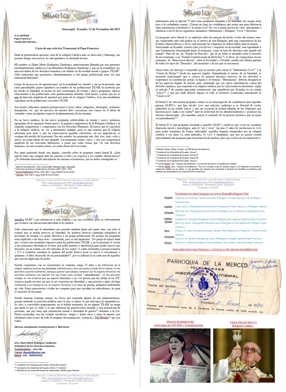 Diane Rodriguez activista transexual - transgénero GLBTI de Ecuador le escribe una carta al Papa Francisco de la Religión Católica
