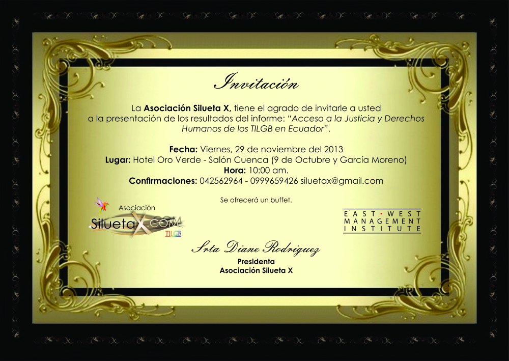 Invitacion a la presentacion del estudio de justicia y acceso TILGB a derechos en Ecuador - Asociacion Silueta X, Diane Rodriguez