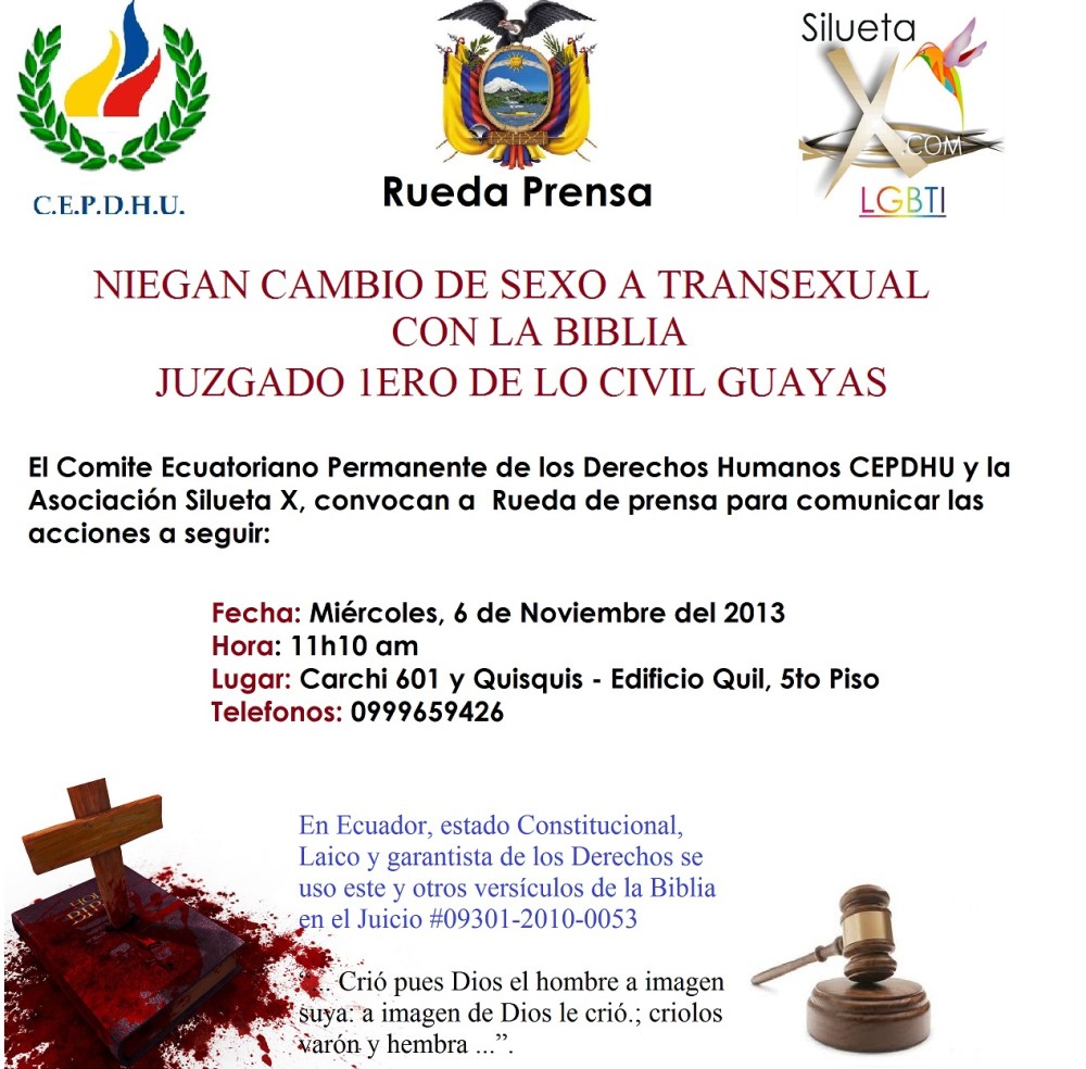 NIEGAN CAMBIO DE SEXO A TRANSEXUAL DIANE RODRIGUEZ CON LA BIBLIA EN ECUADOR ESTADO LAICO