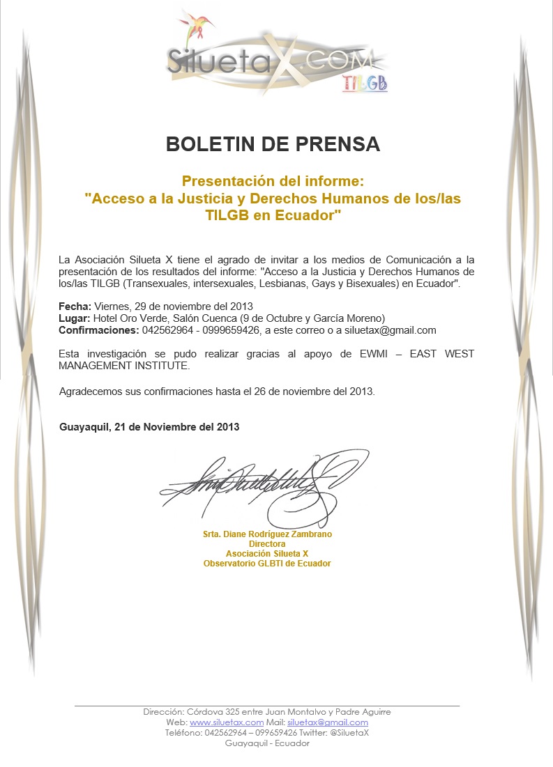 Prensa - Invitacion a la presentacion del estudio de justicia y acceso TILGB a derechos en Ecuador - Asociacion Silueta X, Diane Rodriguez