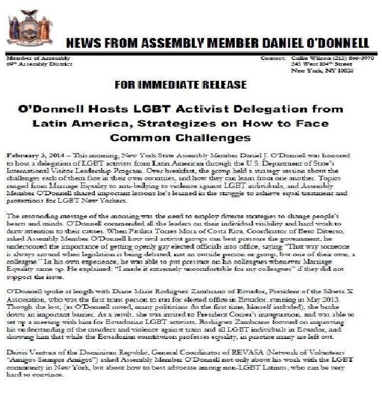 News from Assembly member Daniel ODonell - ODonnell Hosts LGBT activist delegation from latin america