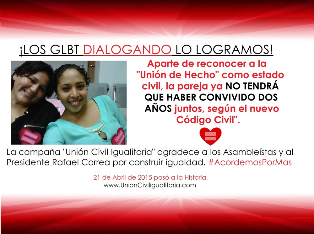 Ecuador reconoce las uniones de hecho homosexuales como estado civil - CampaÃ±a union civil igualitaria - parejas lesbicas