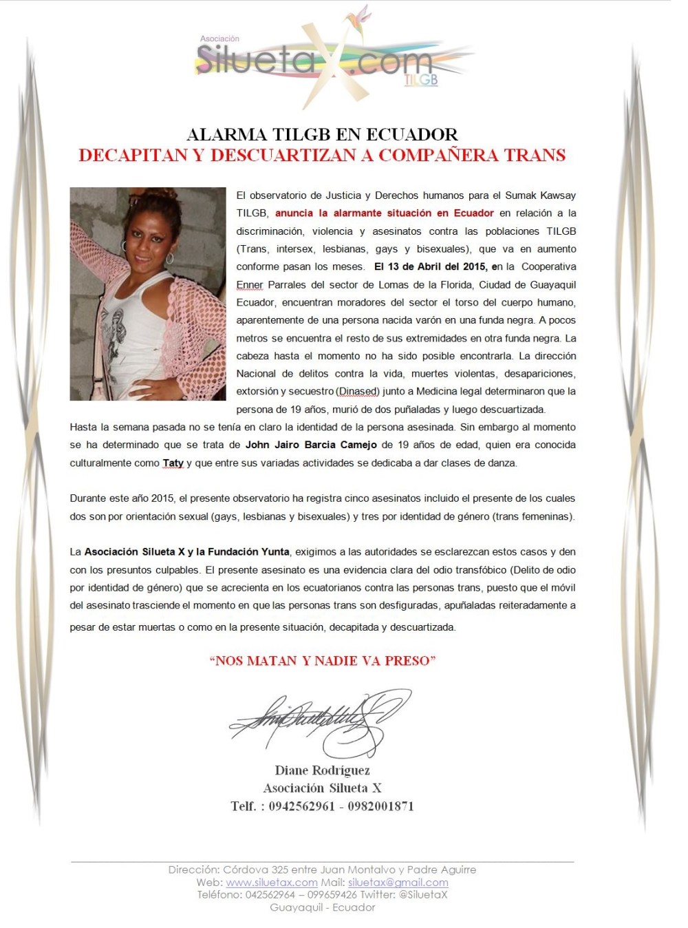 Quinto 5to asesinato contra las poblaciones TILGB 2015 - Observatorio de Justicia y Derechos Humanos para el Sumak Kawsay - Asociación Silueta X