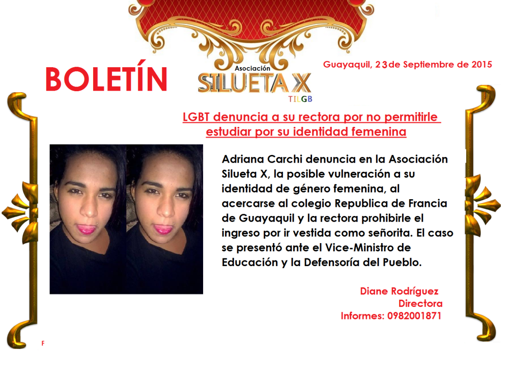 Adolescente transexual denuncia a colegio por no permitirle estudiar con su identidad de géenro femenina en Ecuador