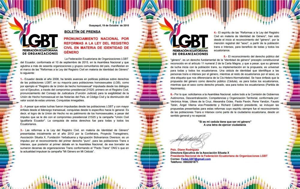 PRONUNCIAMIENTO NACIONAL POR REFORMAS A LA LEY DEL REGISTRO CIVIL EN MATERIA DE IDENTIDAD DE GÉNERO - Federación ecuatoriana de Organizaciones LGBT - Asociación Silueta X