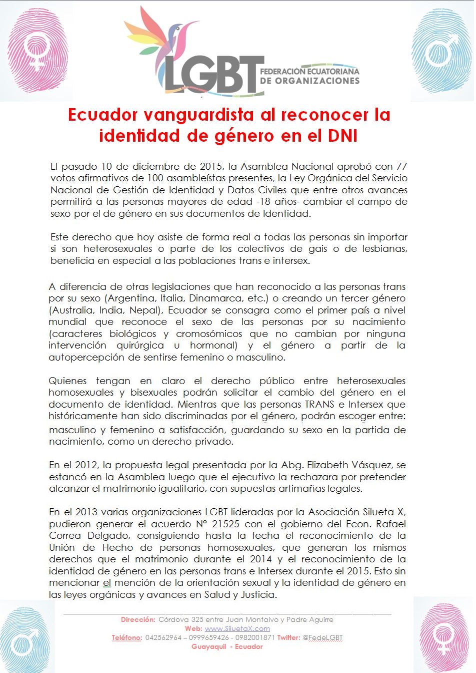 Boletín - Ecuador vanguardista al reconocer la identidad de género en el DNI
