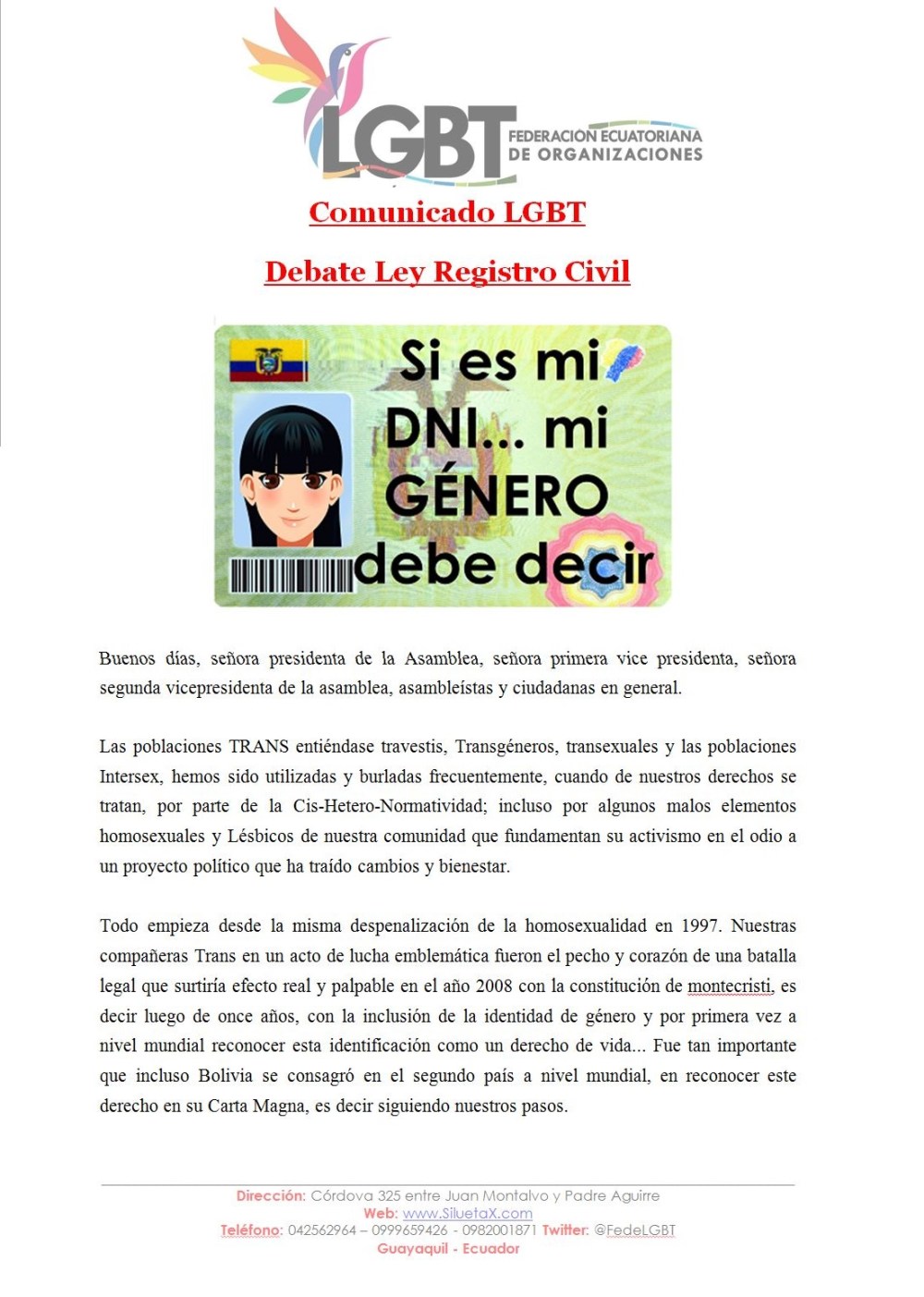 Comunicado LGBT- Debate Ley Registro Civil