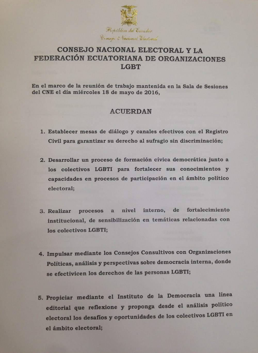 Acuerdos y compromisos del Consejo Nacional Electoral y la Federación ecuatoriana de organizaciones LGBT en favor de la población LGBTI de Ecuador  (1)