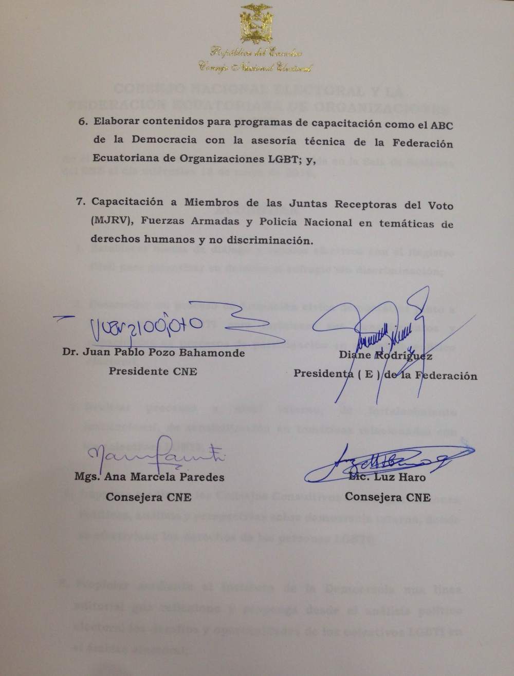 Acuerdos y compromisos del Consejo Nacional Electoral y la Federación ecuatoriana de organizaciones LGBT en favor de la población LGBTI de Ecuador  (2)