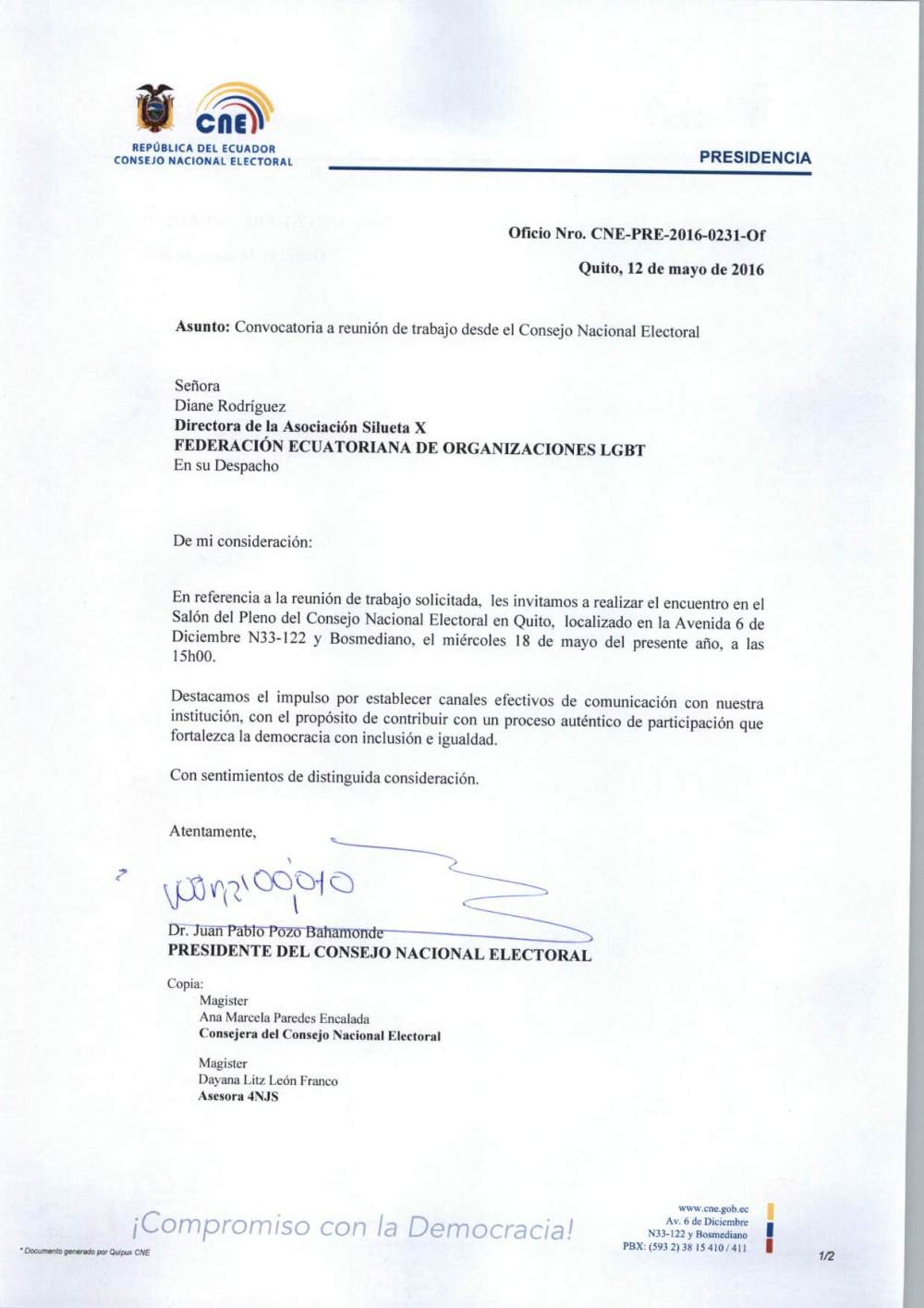 Consejo Nacional Electoral Tramita solicitud de la Federación y SIlueta X para reunirse con LGBTs