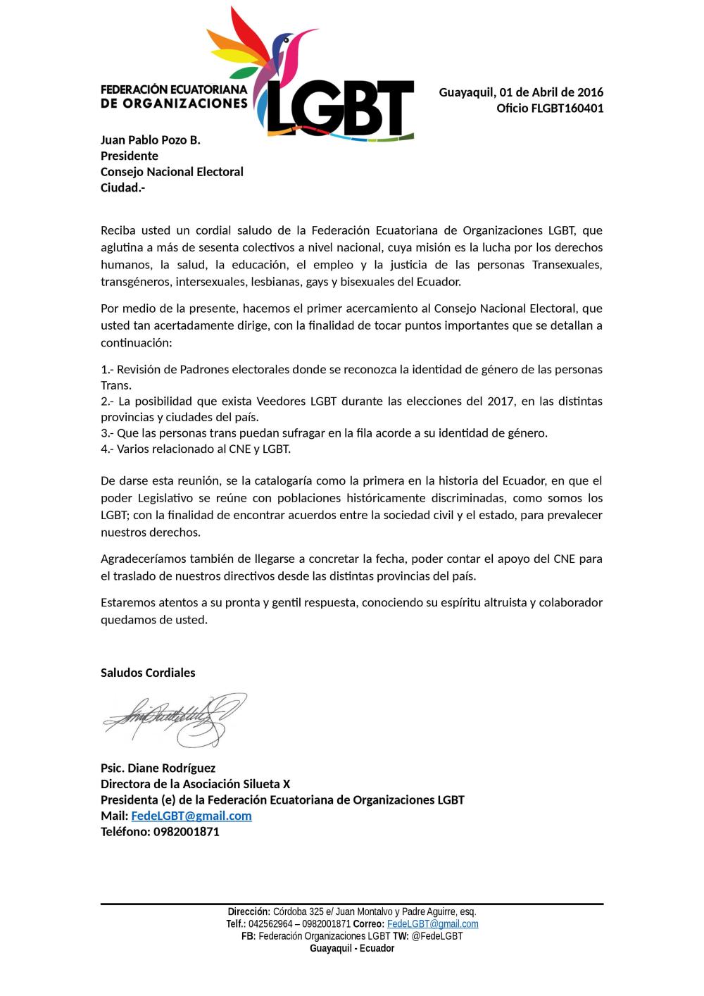 Oficio FLGBT160401 - Consejo Nacional Electoral - Solicitud de Reunión previo el cierre padrón