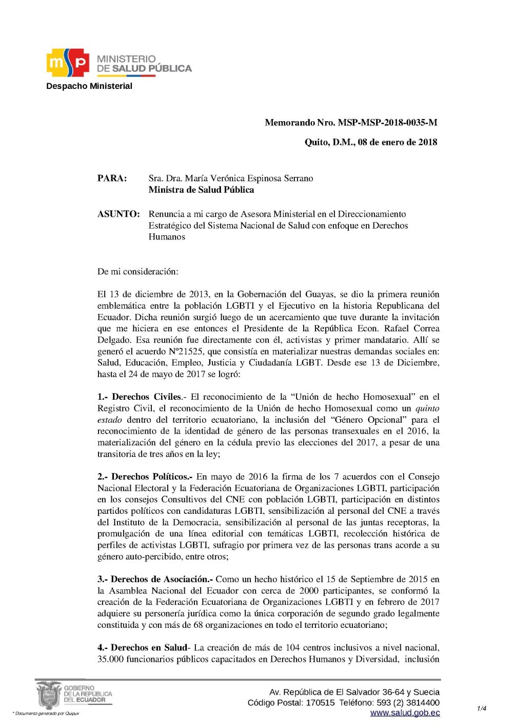 Renuncia Irrevocable de Psic. Diane Rodríguez como Asesora del Ministerio de Salud Pública del Ecuador 1