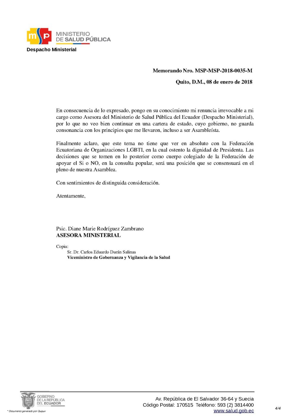 Renuncia Irrevocable de Psic. Diane Rodríguez como Asesora del Ministerio de Salud Pública del Ecuador 4
