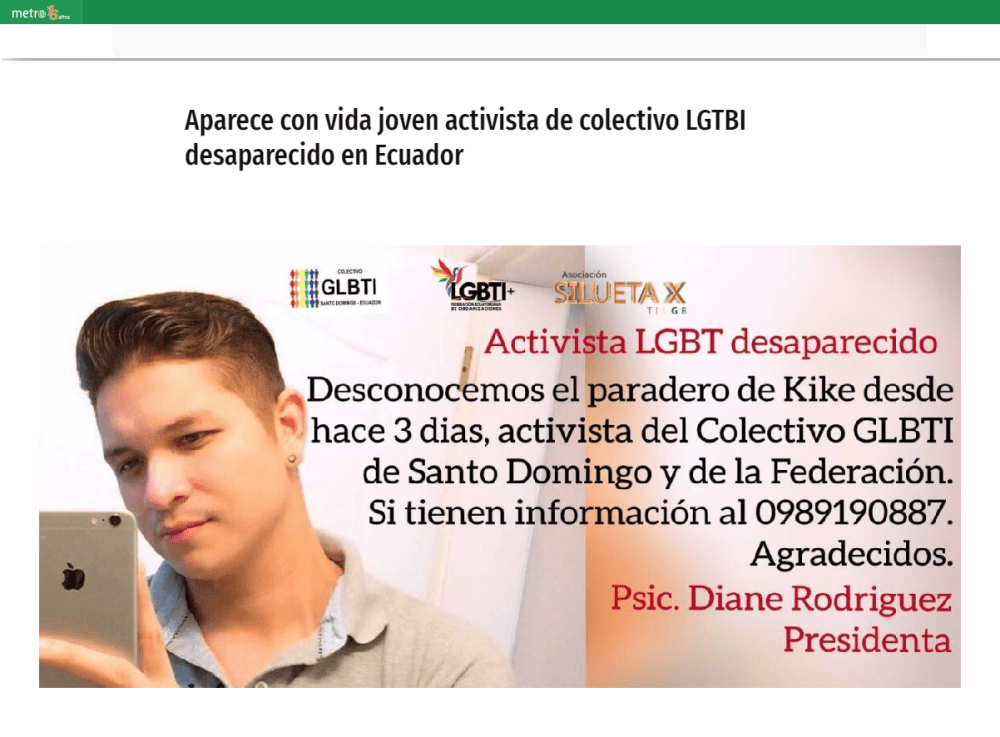 Aparece con vida joven activista LGTBI desaparecido en Santo Domingo-Asociacion Silueta X-Federacion Ecuatoriana LGBTI